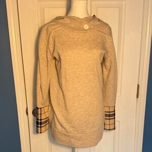 Cozy Beige Cowl Neck Sweater with Plaid Accents